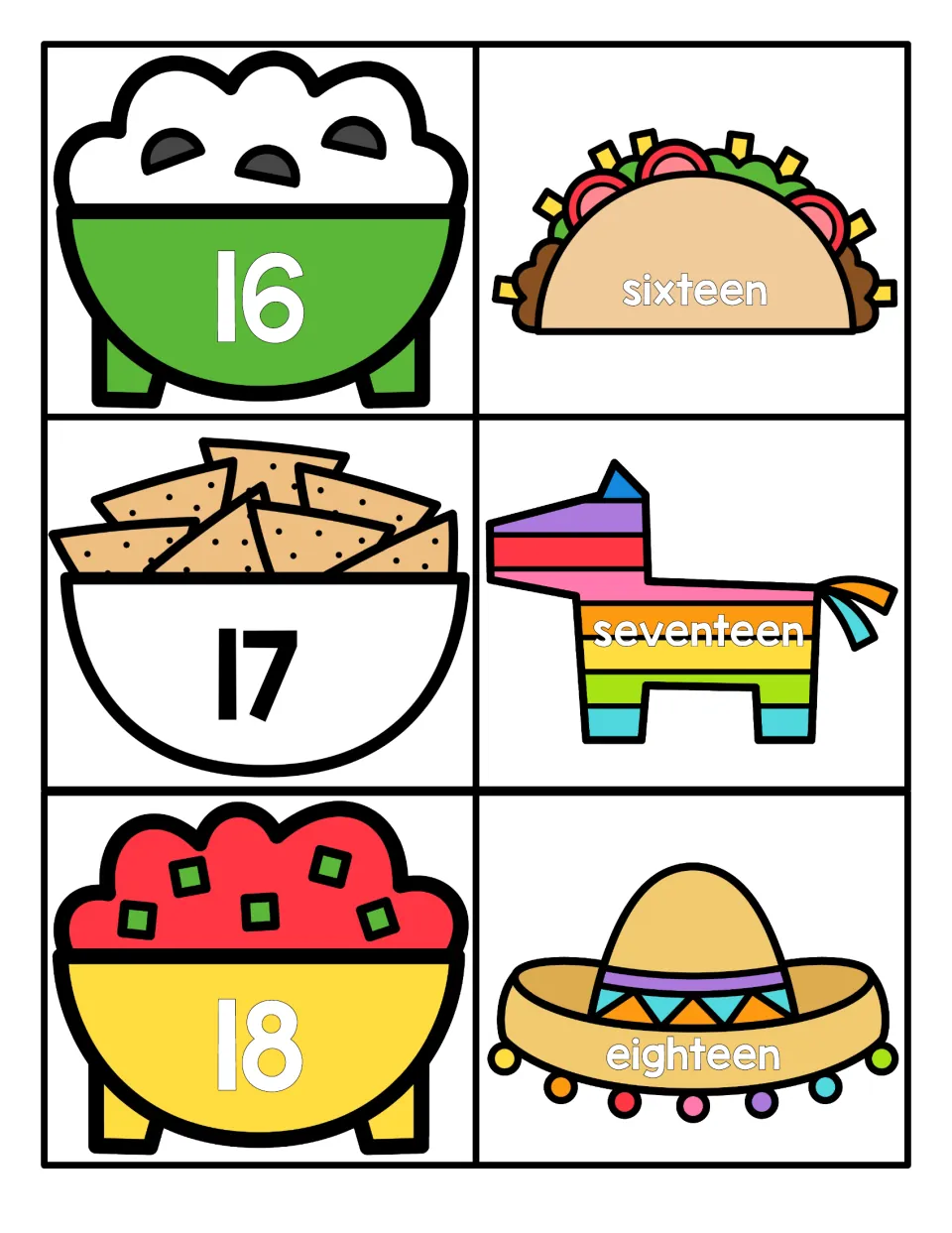 Teen numbers 16 to 18: numerals on guacamole, chip and salsa bowls to pair with words sixteen, seventeen and eighteen