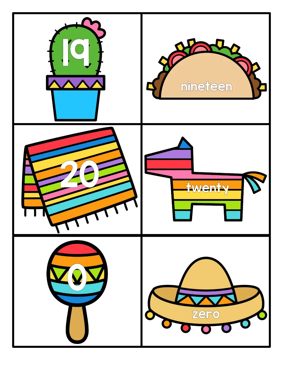 Numbers 19, 20 and 0: numerals on a cactus, serape and maraca to match with word cards reading nineteen, twenty and zero