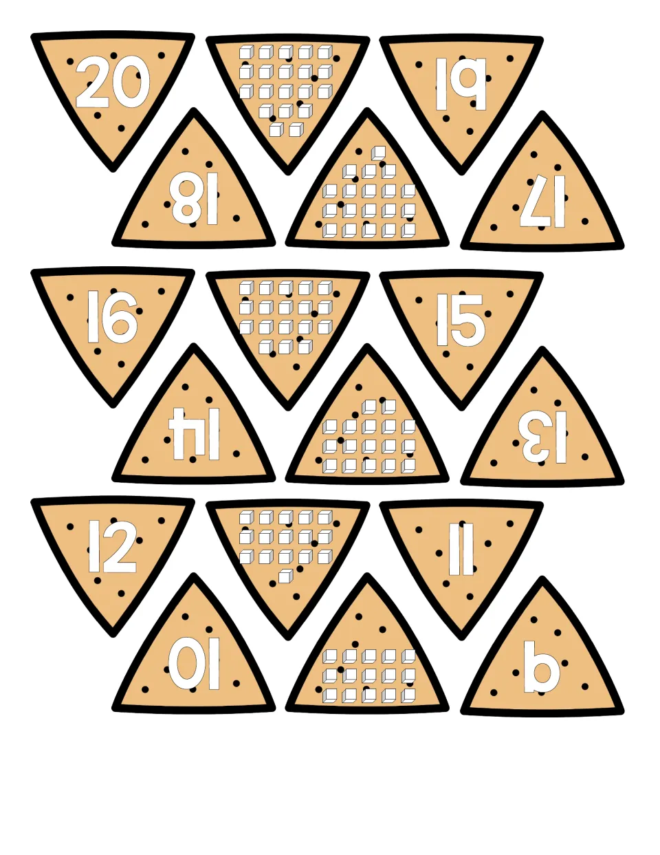 Tortilla chip cut-outs for 20 down to 9: some chips show a numeral, others show that amount as counting cubes to match