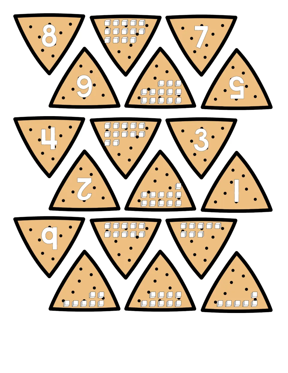 Number chip cut-outs for 8 down to 1, plus a 9 chip, with matching chips that show small groups of counting cubes