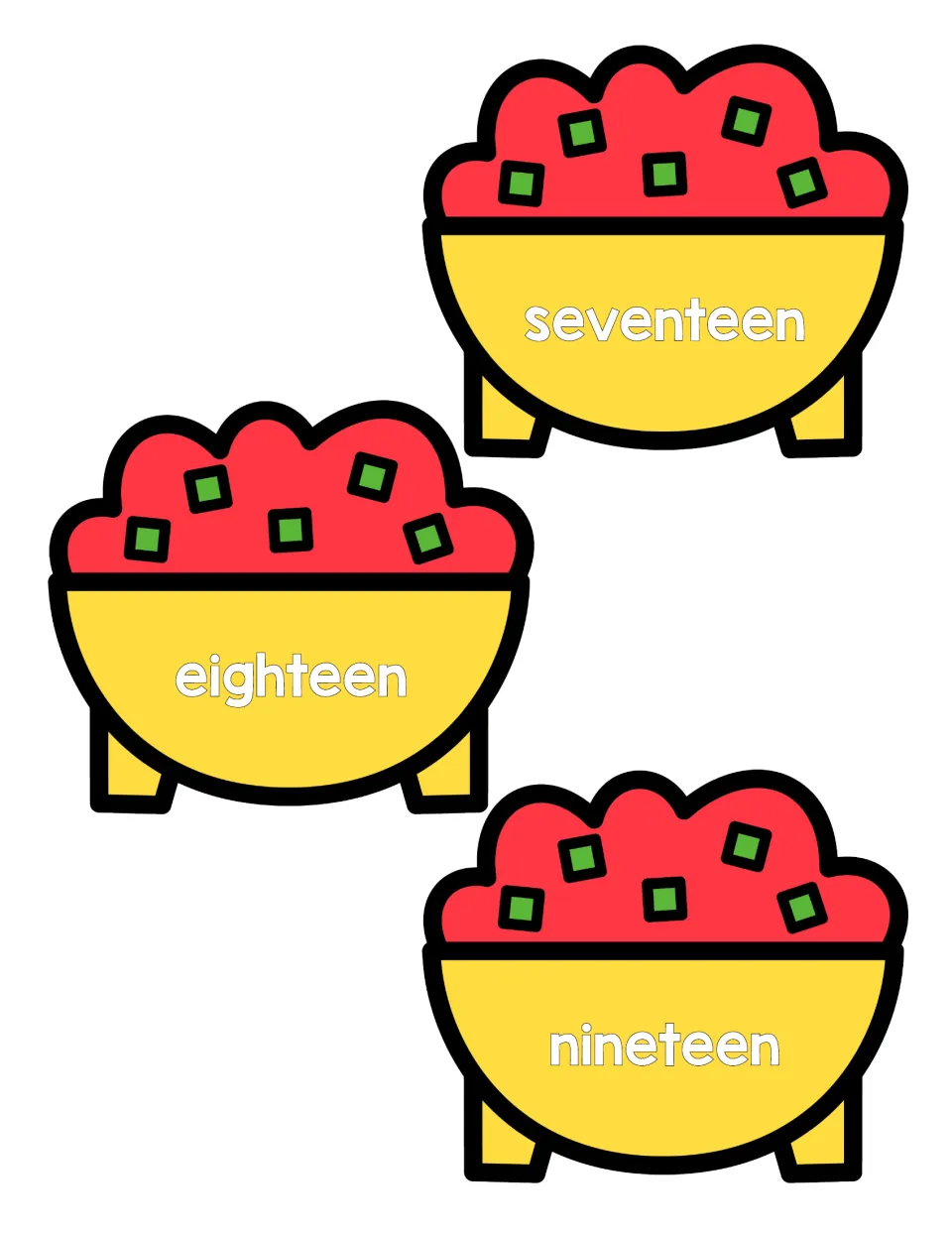 Salsa bowls with the number words seventeen, eighteen and nineteen, cut out for students to match to chips for each number