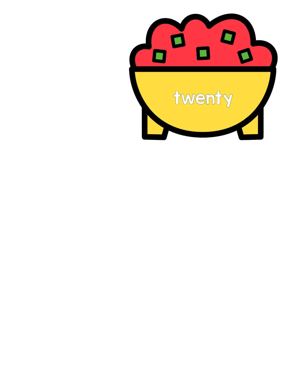 Final salsa bowl cut-out labeled with the number word twenty, matched to the chips showing 20 as a numeral and as cubes