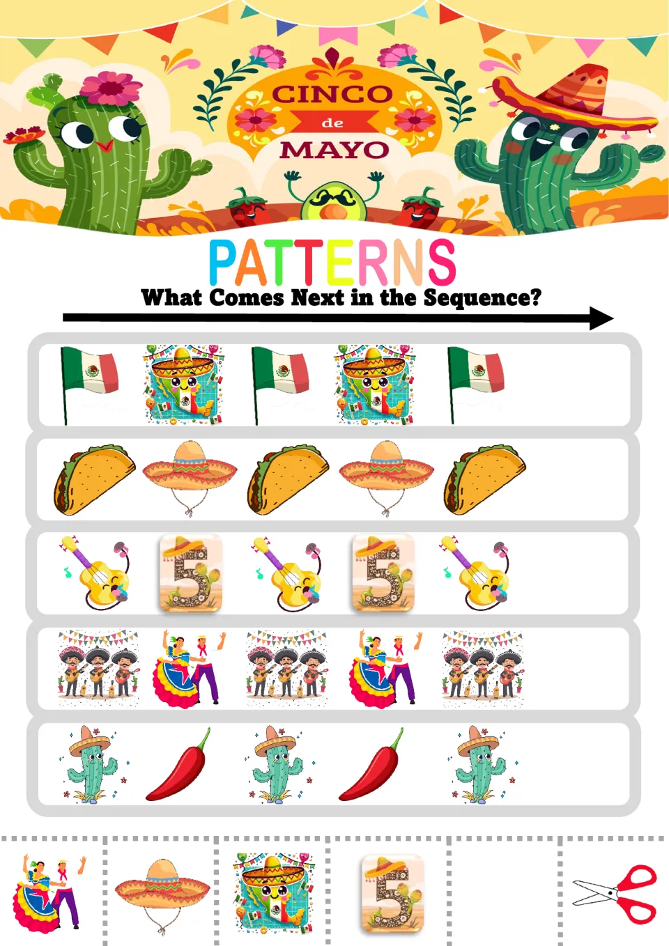 Pattern worksheet 1: five alternating sequences featuring Mexican flags, tacos, guitars, dancers and cacti