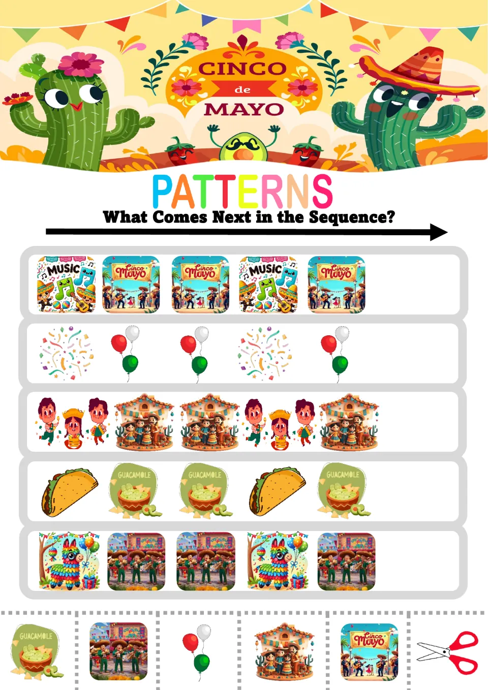 Pattern worksheet 2: five ABB sequences featuring music pictures, balloons, guacamole and piñatas