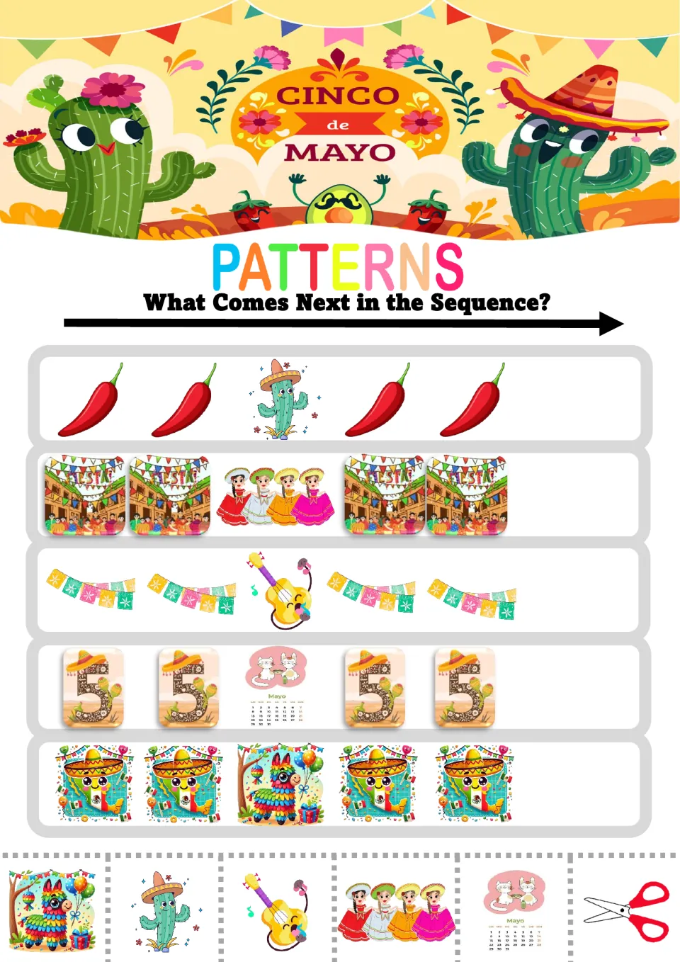 Pattern worksheet 3: five AAB sequences featuring chili peppers, fiesta scenes, banners and number 5