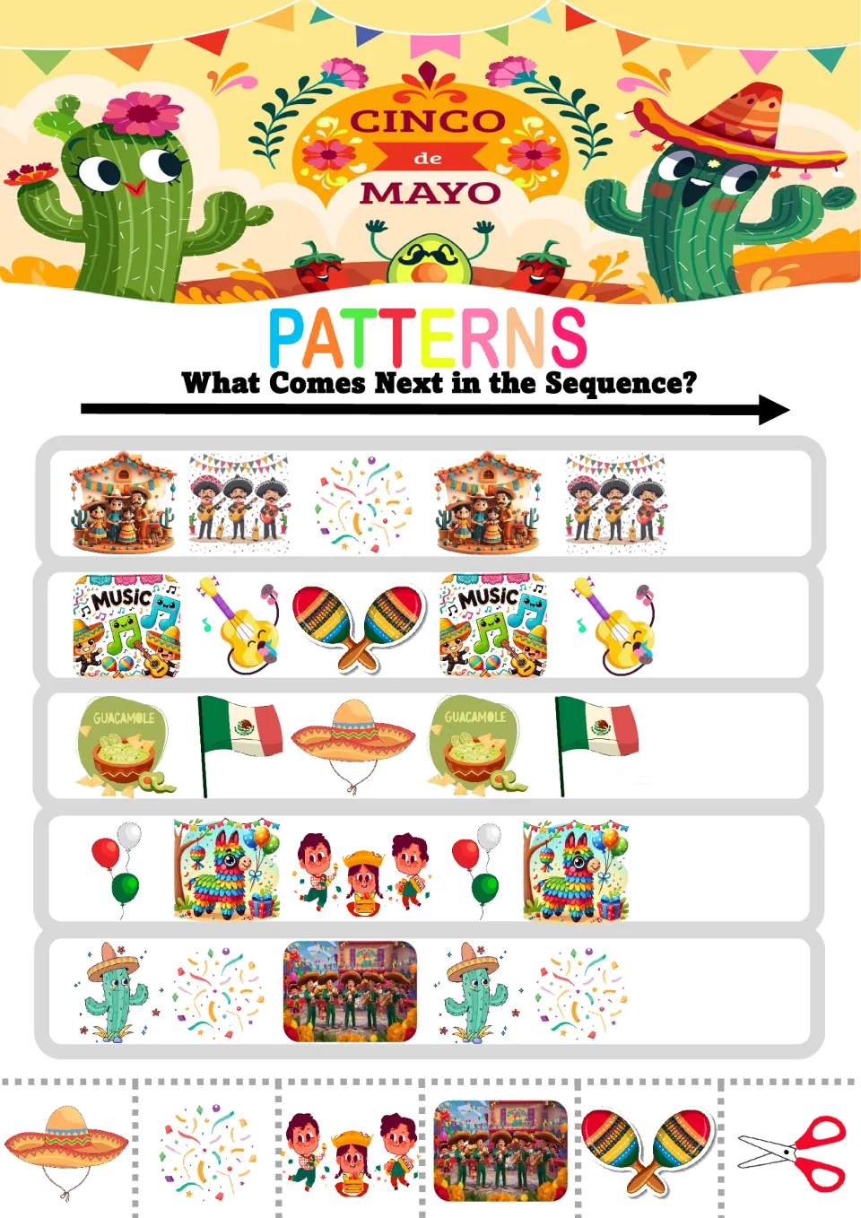 Pattern worksheet 4: five ABC sequences featuring musicians, confetti, guitars, flags and balloons