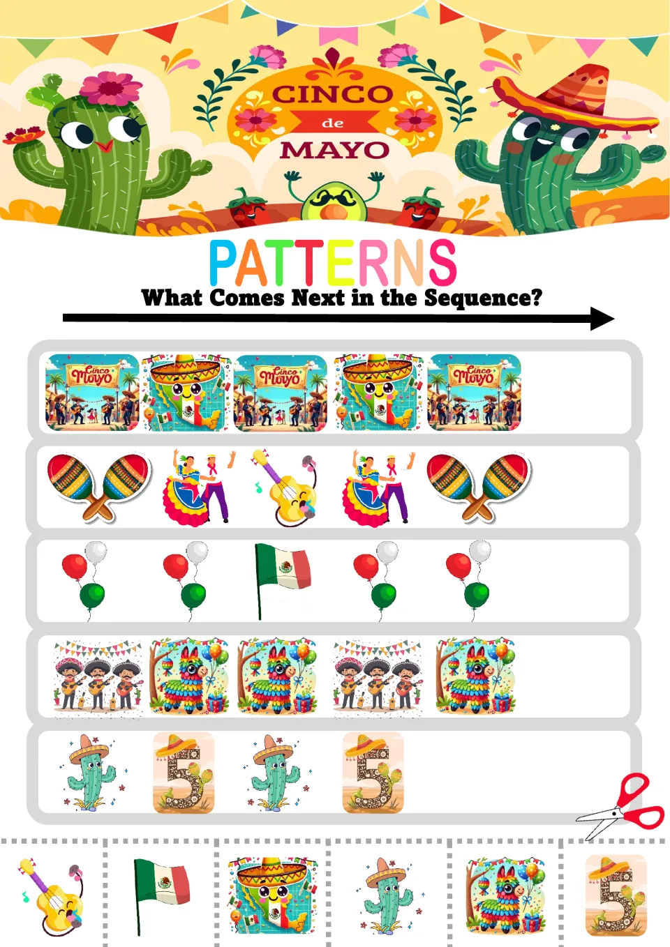 Pattern worksheet 5: five mixed sequences featuring maracas, dancers, balloons, piñatas and cacti