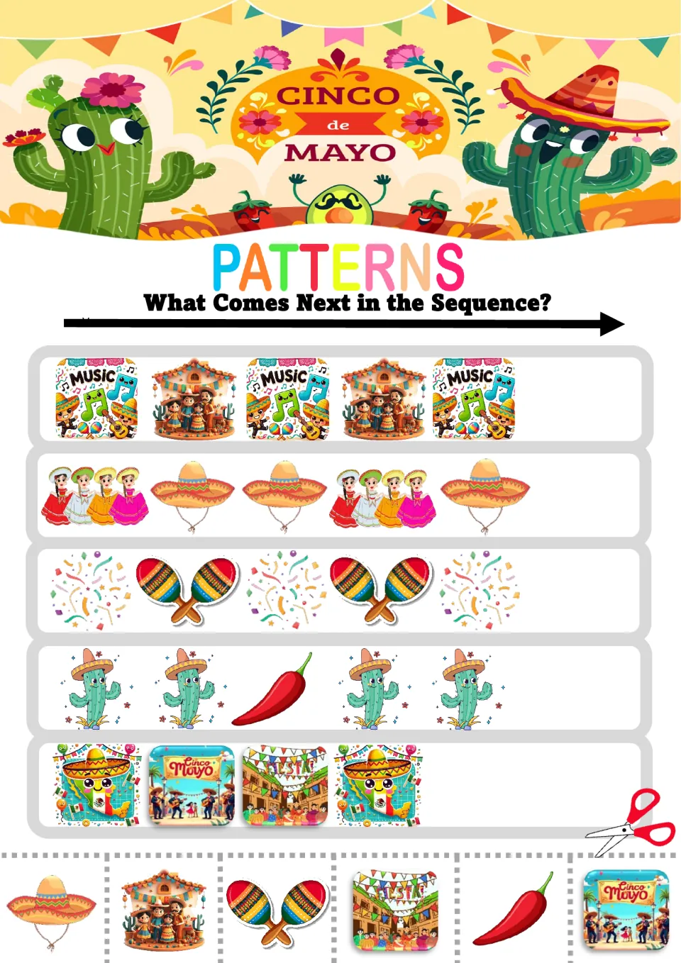 Pattern worksheet 6: five mixed sequences featuring music pictures, sombreros, maracas and chili peppers