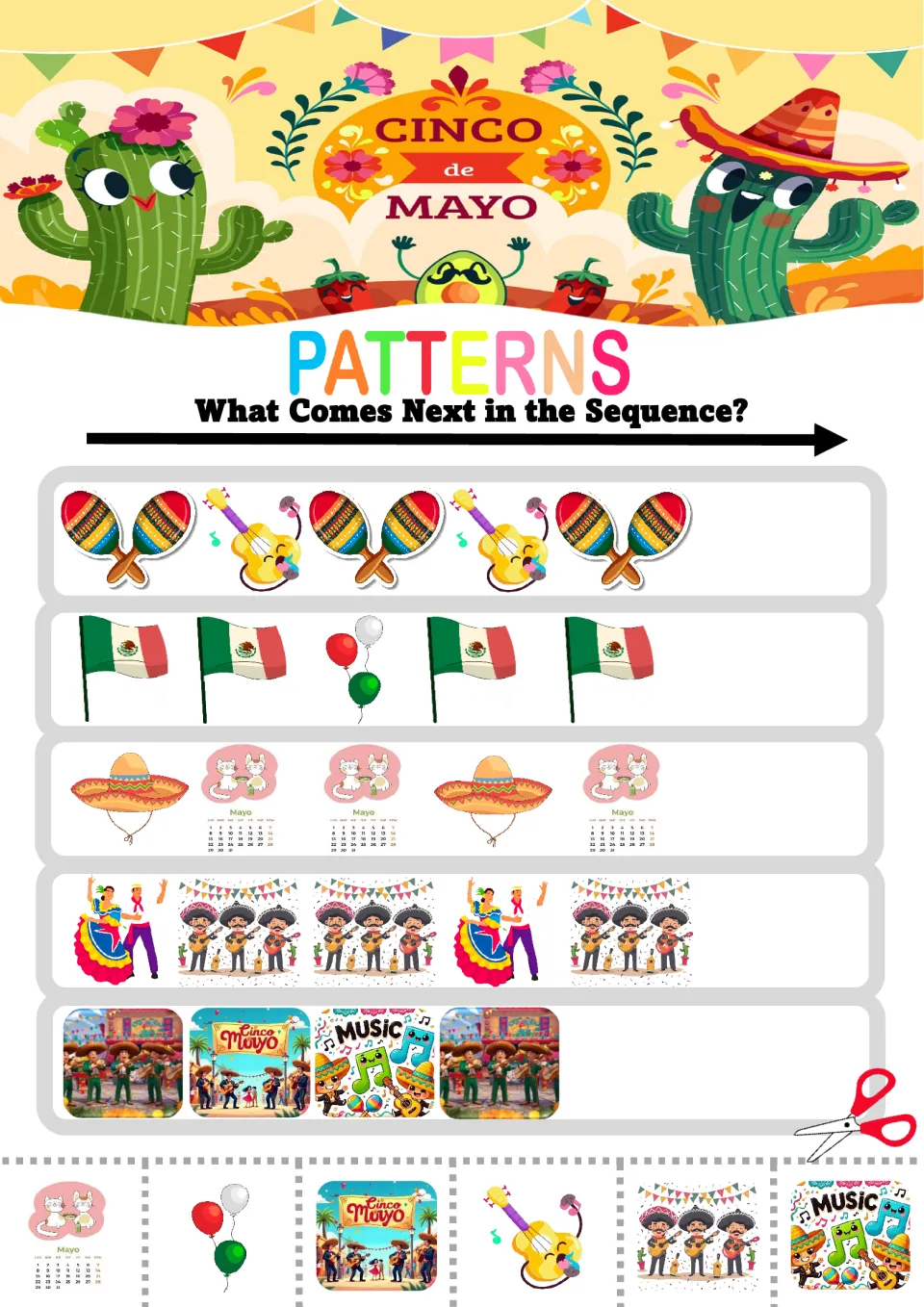 Pattern worksheet 7: five mixed sequences featuring guitars, Mexican flags, May calendars and musicians