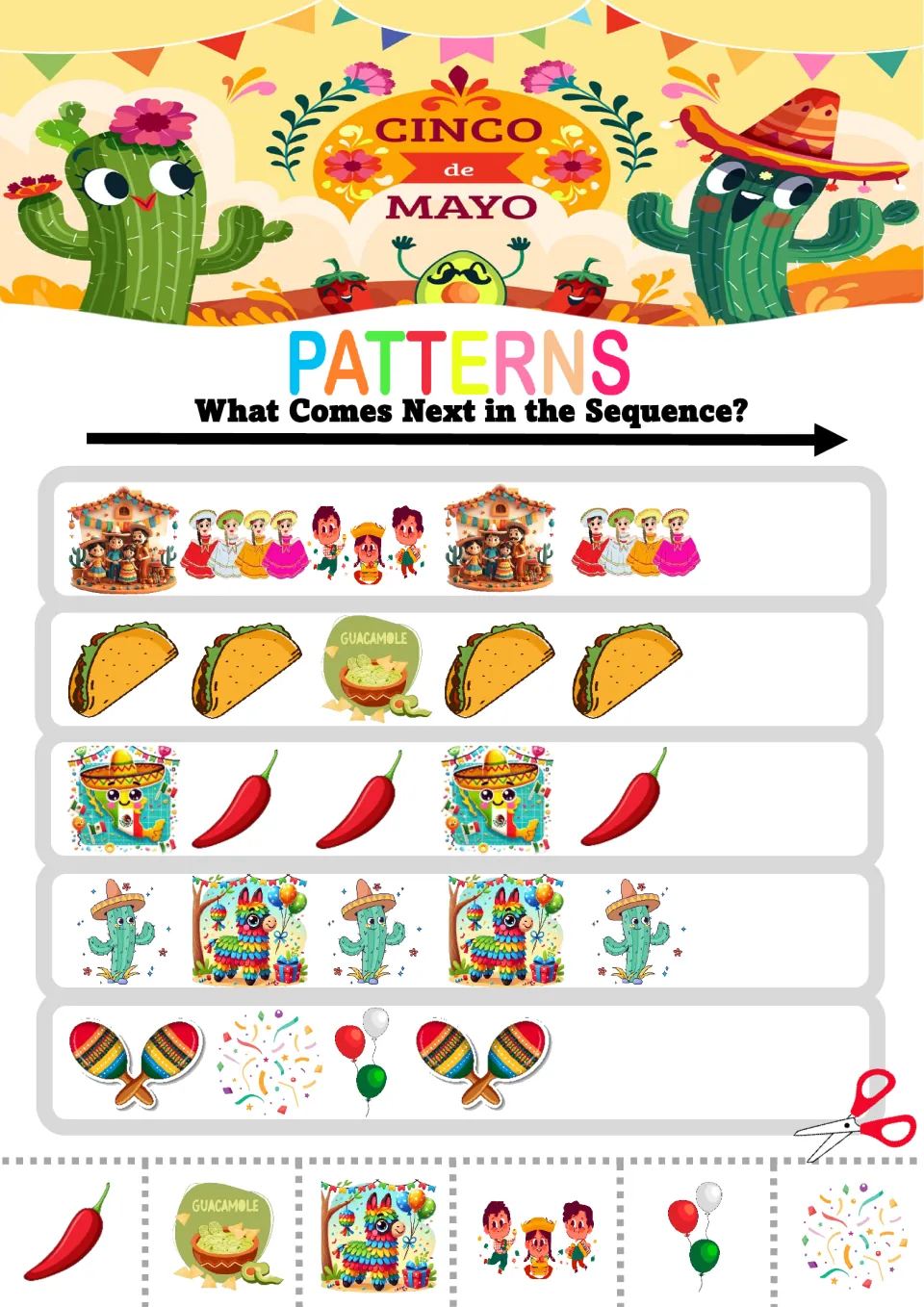 Pattern worksheet 8: five mixed sequences featuring tacos, guacamole, chili peppers, cacti and piñatas