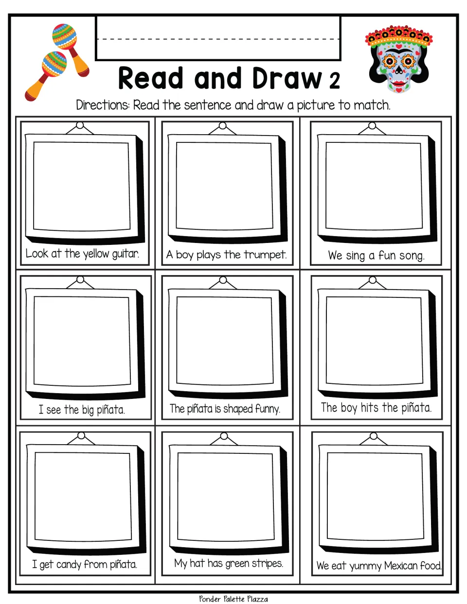 Read and Draw 2: students read sentences about a yellow guitar, a trumpet and a piñata, then draw a picture to match each
