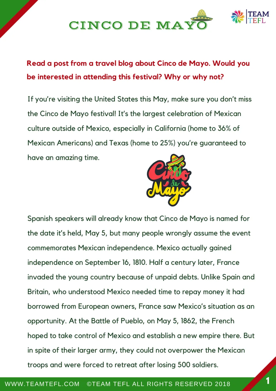 Opening travel blog reading introduces May 5 celebrations, Mexican independence, and the 1862 battle.
