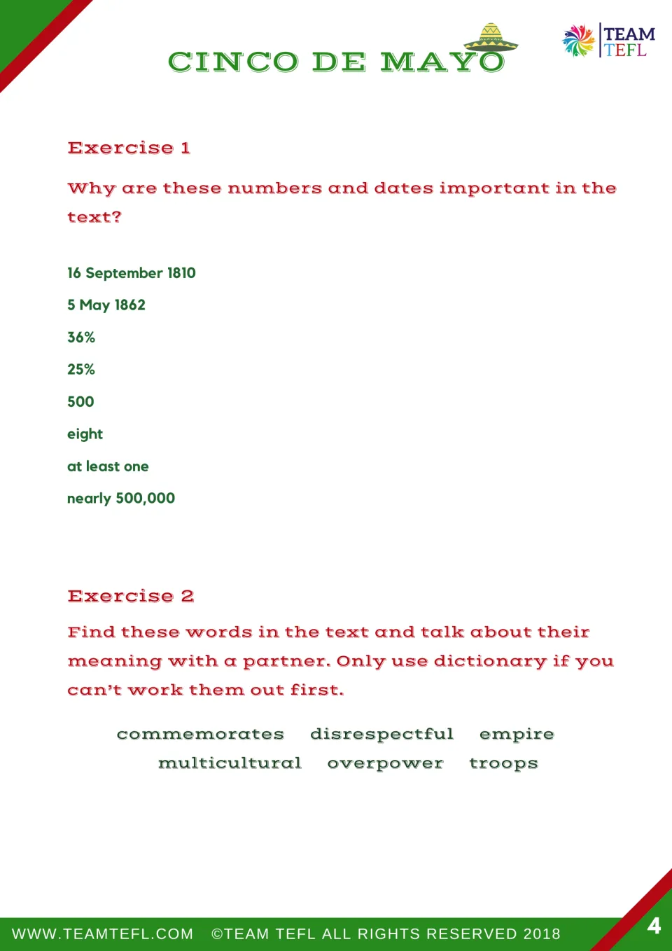 Exercises 1 and 2 ask about eight dates or numbers from the reading and the meanings of six vocabulary words.