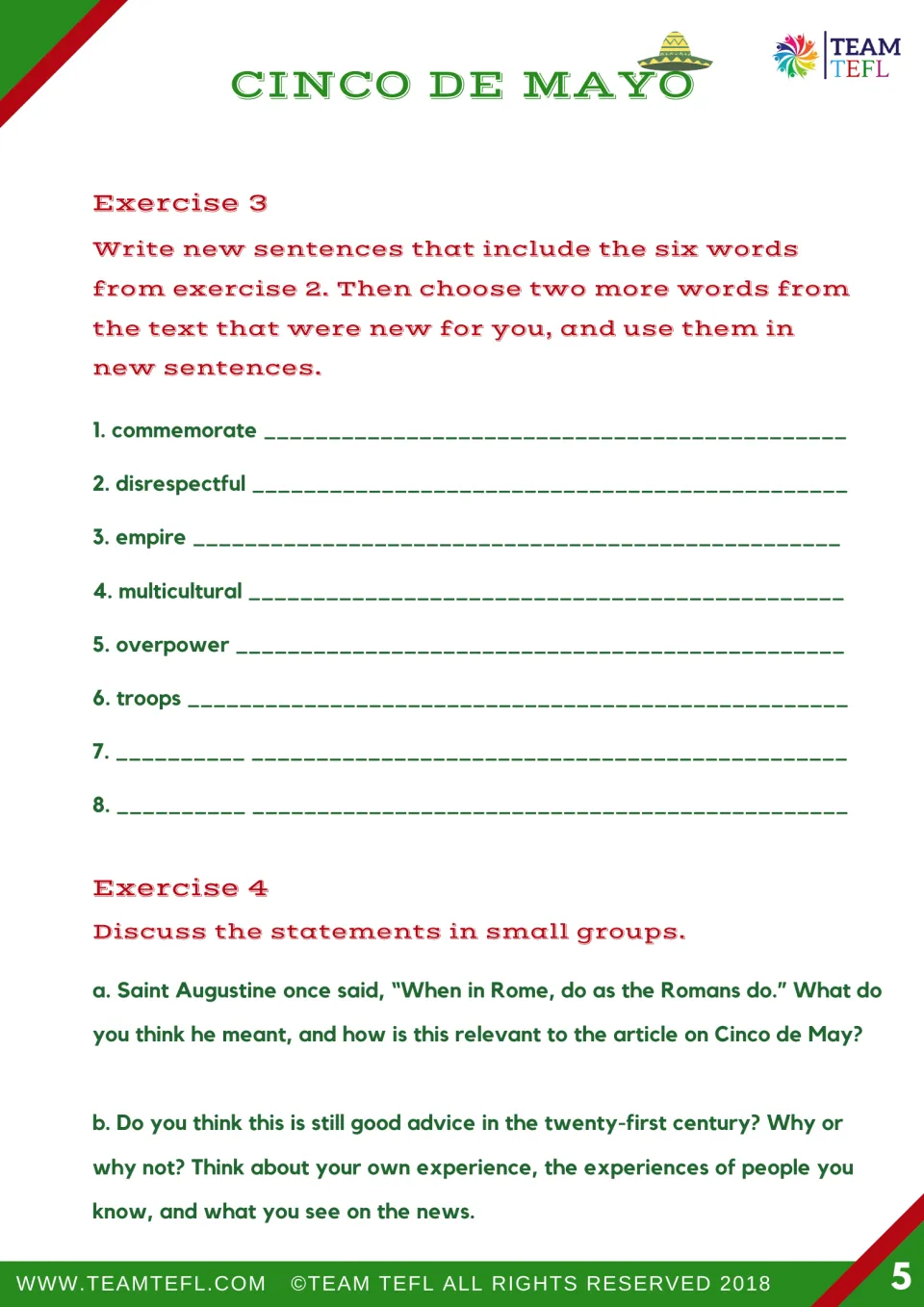 Exercises 3 and 4 ask students to write eight vocabulary sentences and discuss 'When in Rome, do as the Romans do.'