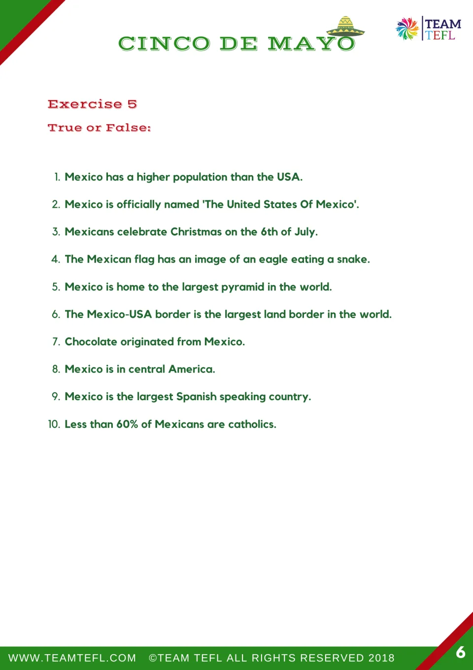 Exercise 5 presents ten true-or-false statements about Mexico's population, flag, pyramids, language, and more.
