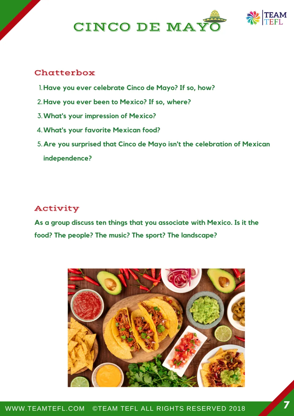 Chatterbox offers five questions about Mexico and the holiday, followed by a group task to name ten associations.