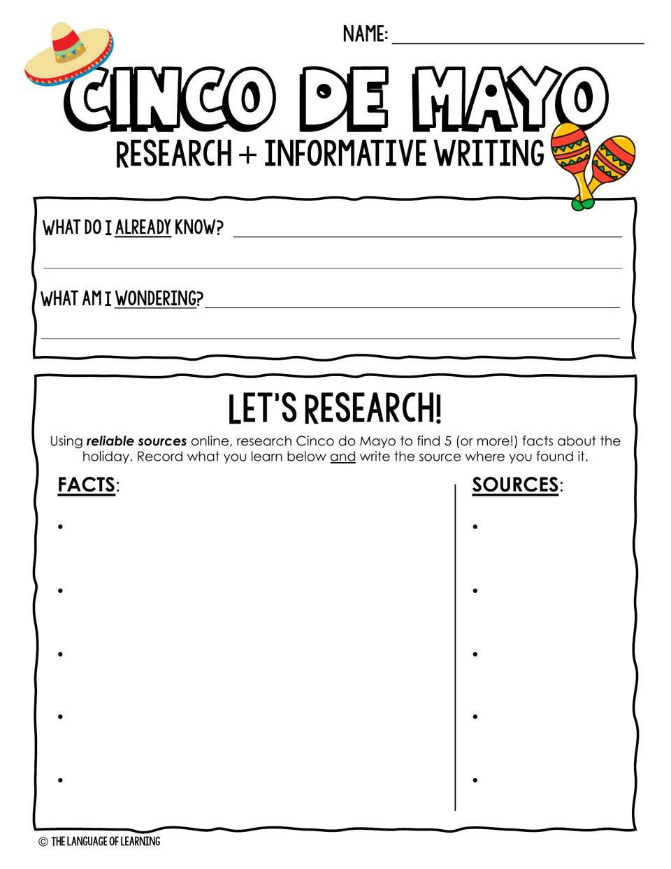 Cinco de Mayo research organizer: students note what they know and wonder, then record 5 facts and their sources
