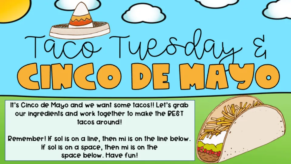 Game directions introduce making tacos and explain that mi is on the line or space below sol.