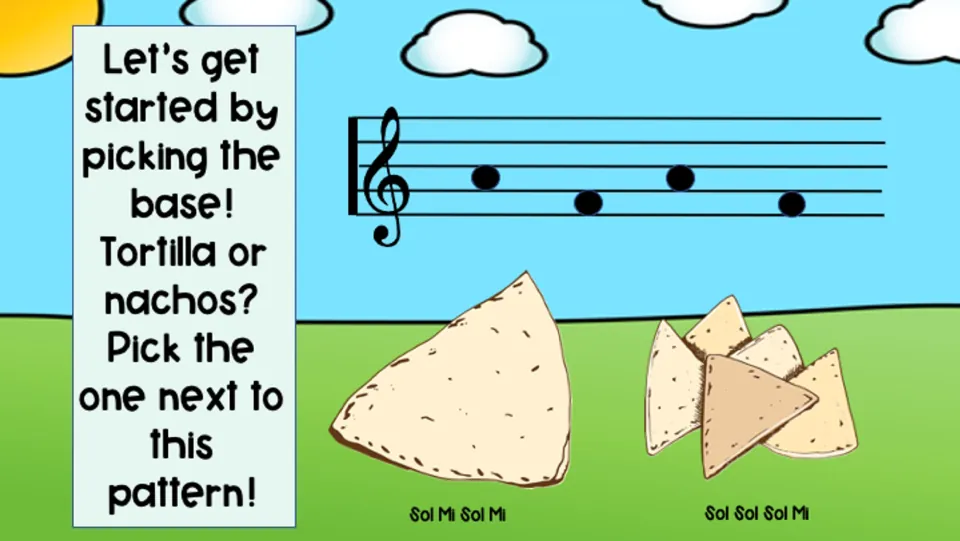 Base-choice round shows sol-mi-sol-mi notation, with a tortilla labeled Sol Mi Sol Mi and nachos Sol Sol Sol Mi.