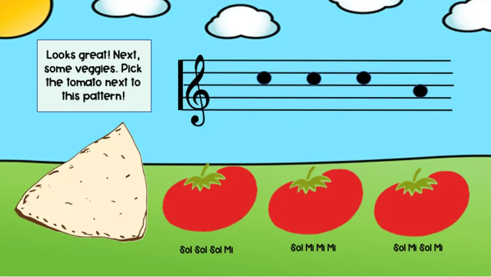 Tomato-choice round shows sol-sol-sol-mi notation and three tomatoes labeled with different sol-mi patterns.