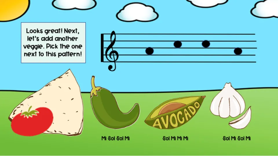 Vegetable-choice round shows mi-sol-sol-mi notation, with a pepper, avocado, and garlic as labeled choices.