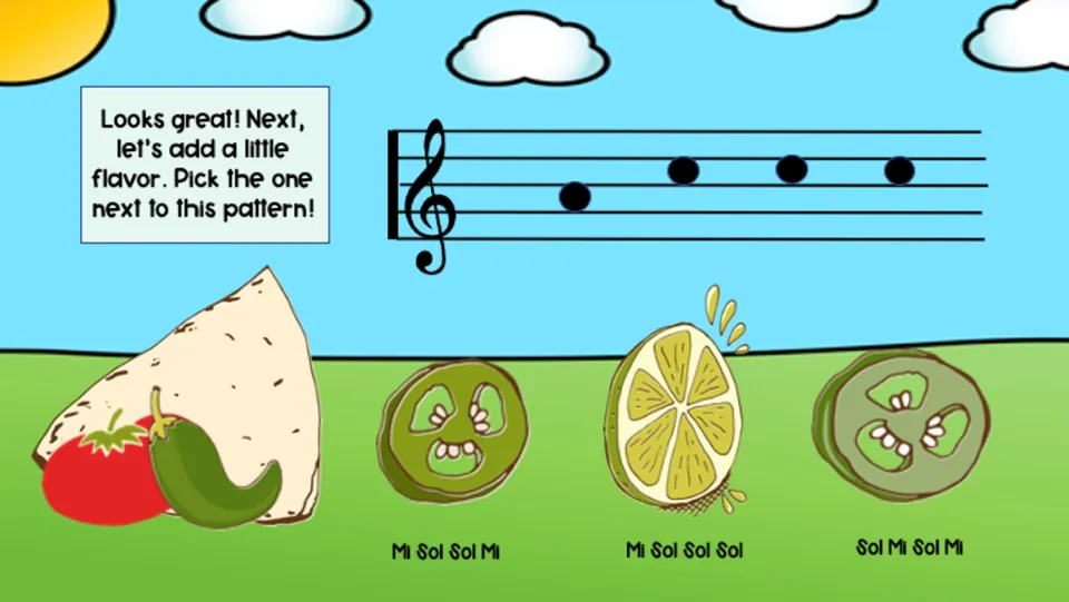 Flavor-choice round shows mi-sol-sol-sol notation, with two pepper slices and a citrus slice labeled with patterns.