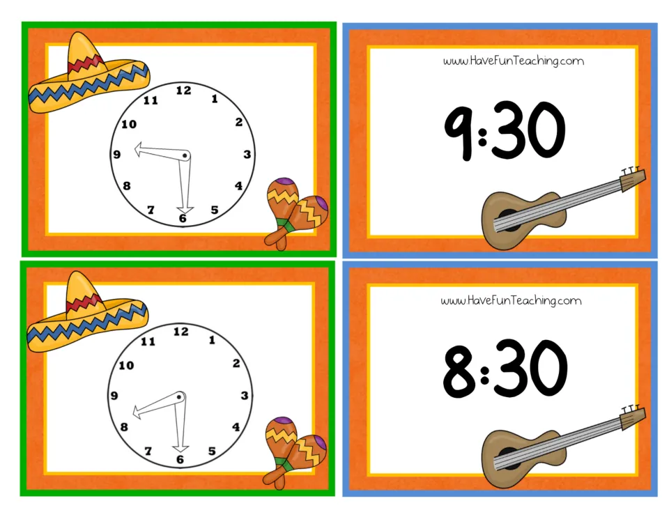 Half-hour matching cards: two analog clock cards and two digital cards reading 9:30 and 8:30 for students to pair up