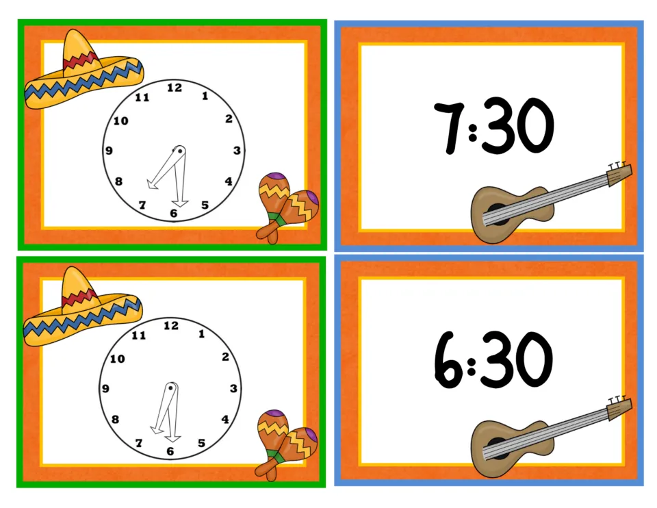 Telling time cards: students match analog clocks showing half past to the digital times 7:30 and 6:30 on guitar cards
