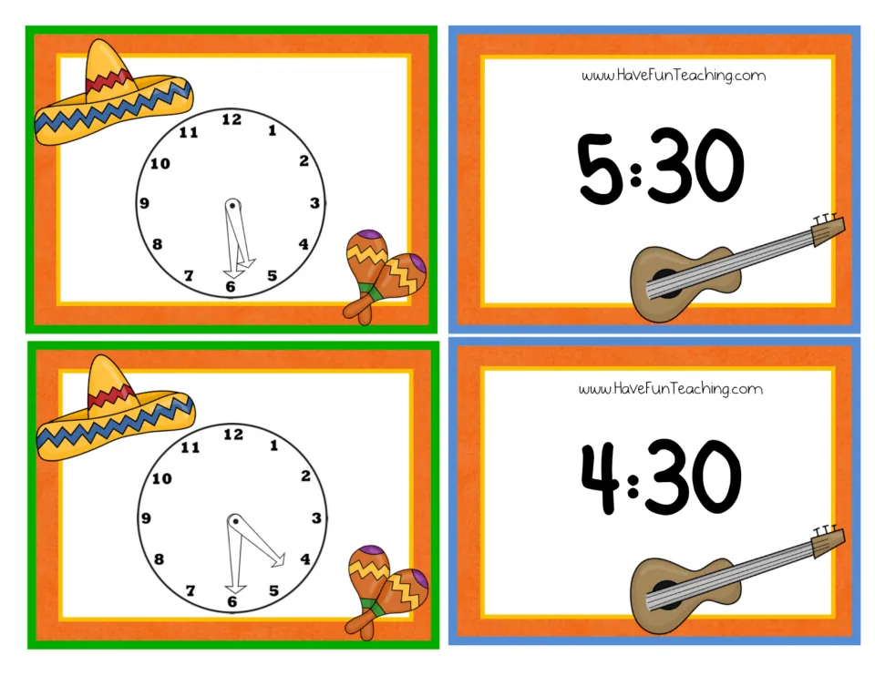 Clock matching cards for 5:30 and 4:30: students read each analog clock to the half hour and find its digital card