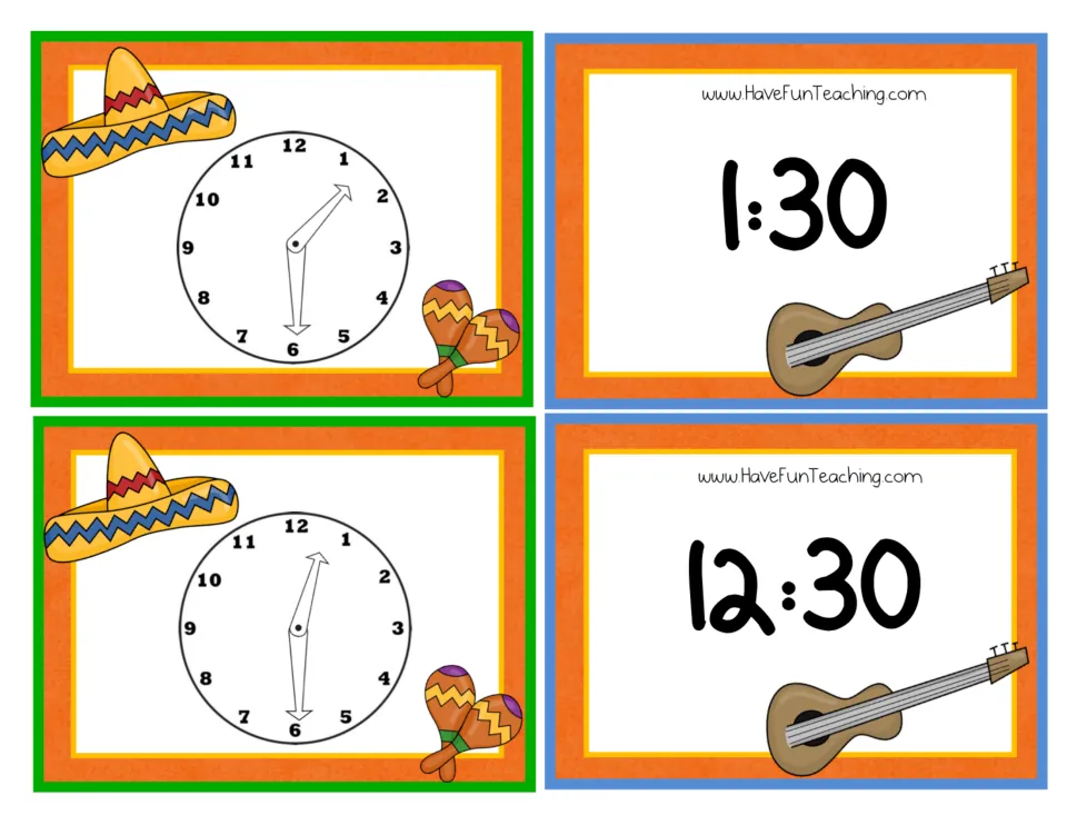 Time match cards for 1:30 and 12:30: students read the hour and minute hands and pair each clock with its digital time