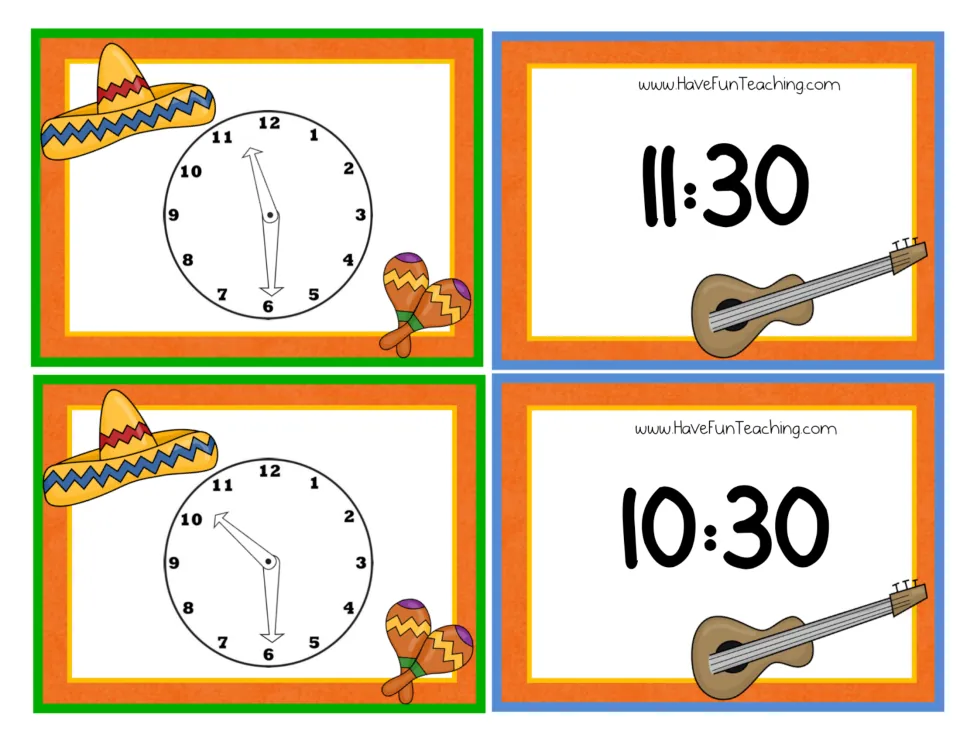 Final half-hour card set: analog clocks for 11:30 and 10:30 with digital cards for students to read and match