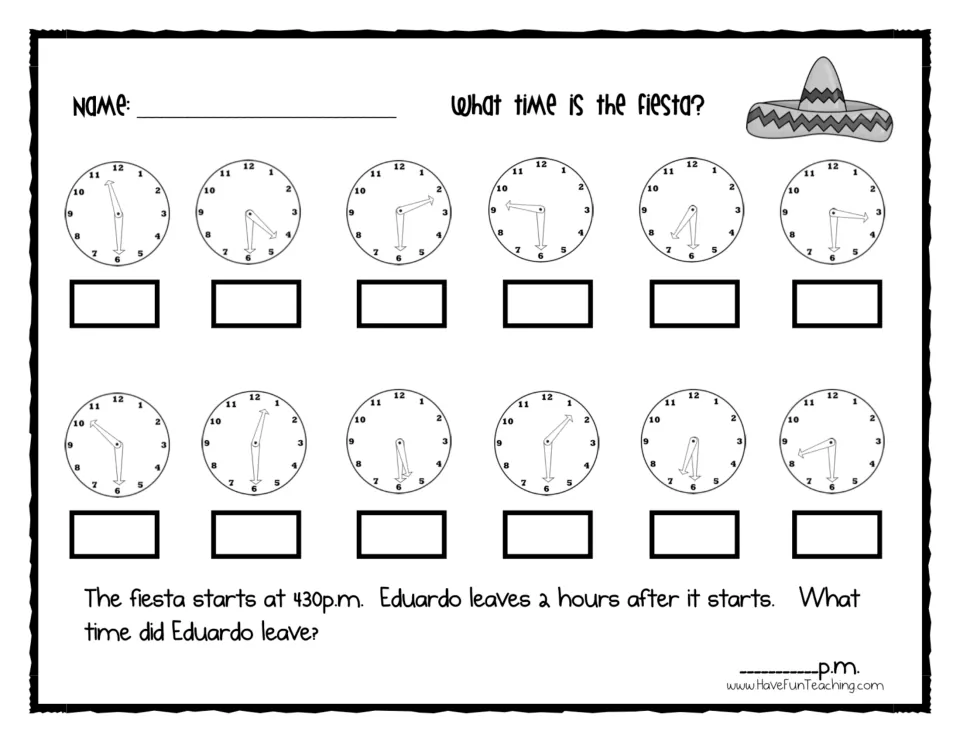 Fiesta clocks practice: students record the time on 12 half-hour clocks and solve when Eduardo leaves 2 hours after 4:30