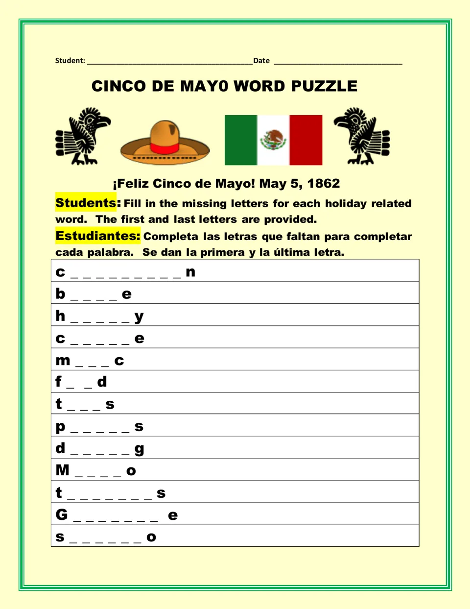 Cinco de Mayo vocabulary: students fill in missing letters of 13 holiday words, given first and last letters
