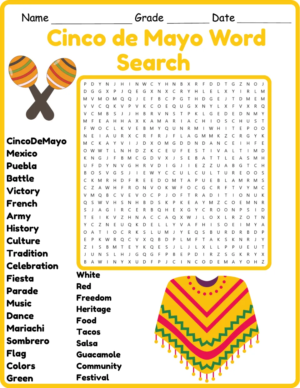 Color version of the 30-word Cinco de Mayo puzzle, including Mexico, Puebla, Battle, Victory, and French.