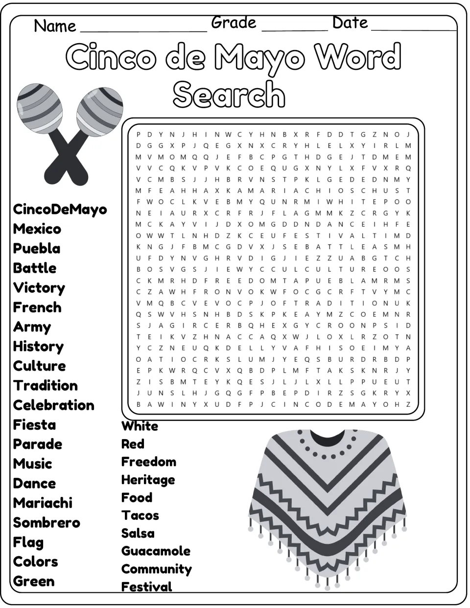 Black-and-white version of the same 30-word puzzle, including Culture, Tradition, Celebration, and Fiesta.