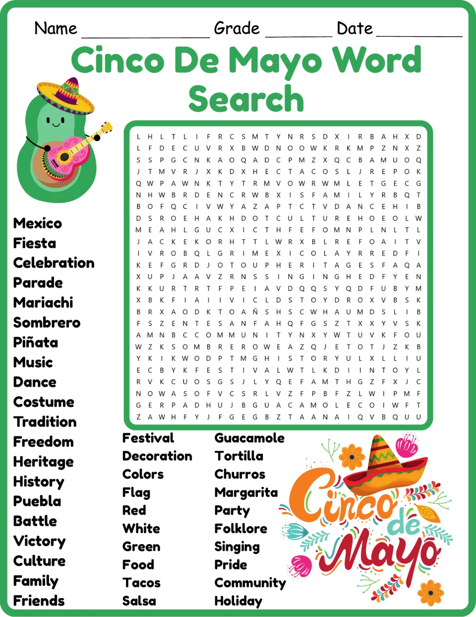 Color word search for Cinco de Mayo: 40 words including Mexico, Fiesta, Puebla, Battle, and Victory.