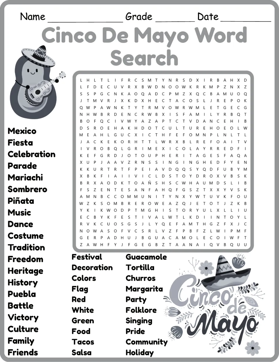 Grayscale holiday word search: the same 40 words, including Family, Friends, Community, and Tradition.