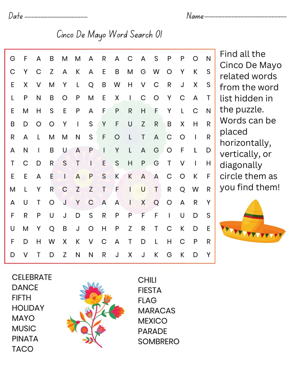 Cinco de Mayo word search 01: students find 15 words such as fiesta, maracas, sombrero and pinata across, down or diagonally