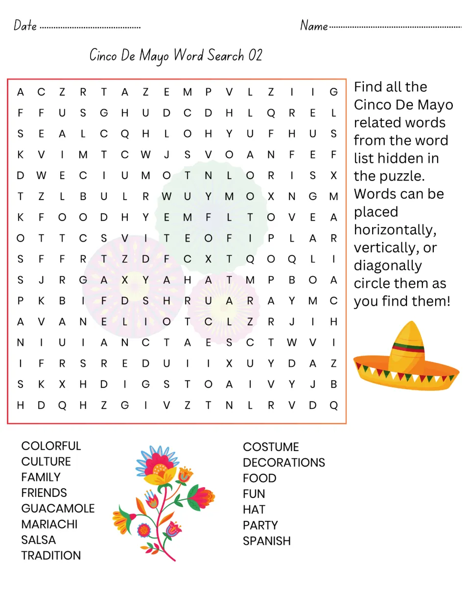 Second holiday word search: students circle 15 hidden words including mariachi, guacamole, tradition, culture and costume