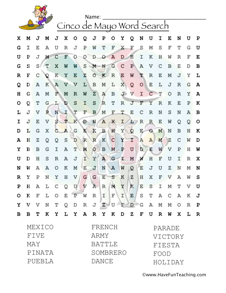 Cinco de Mayo word search: students find 15 holiday words such as Mexico, Puebla, French, army, battle and fiesta