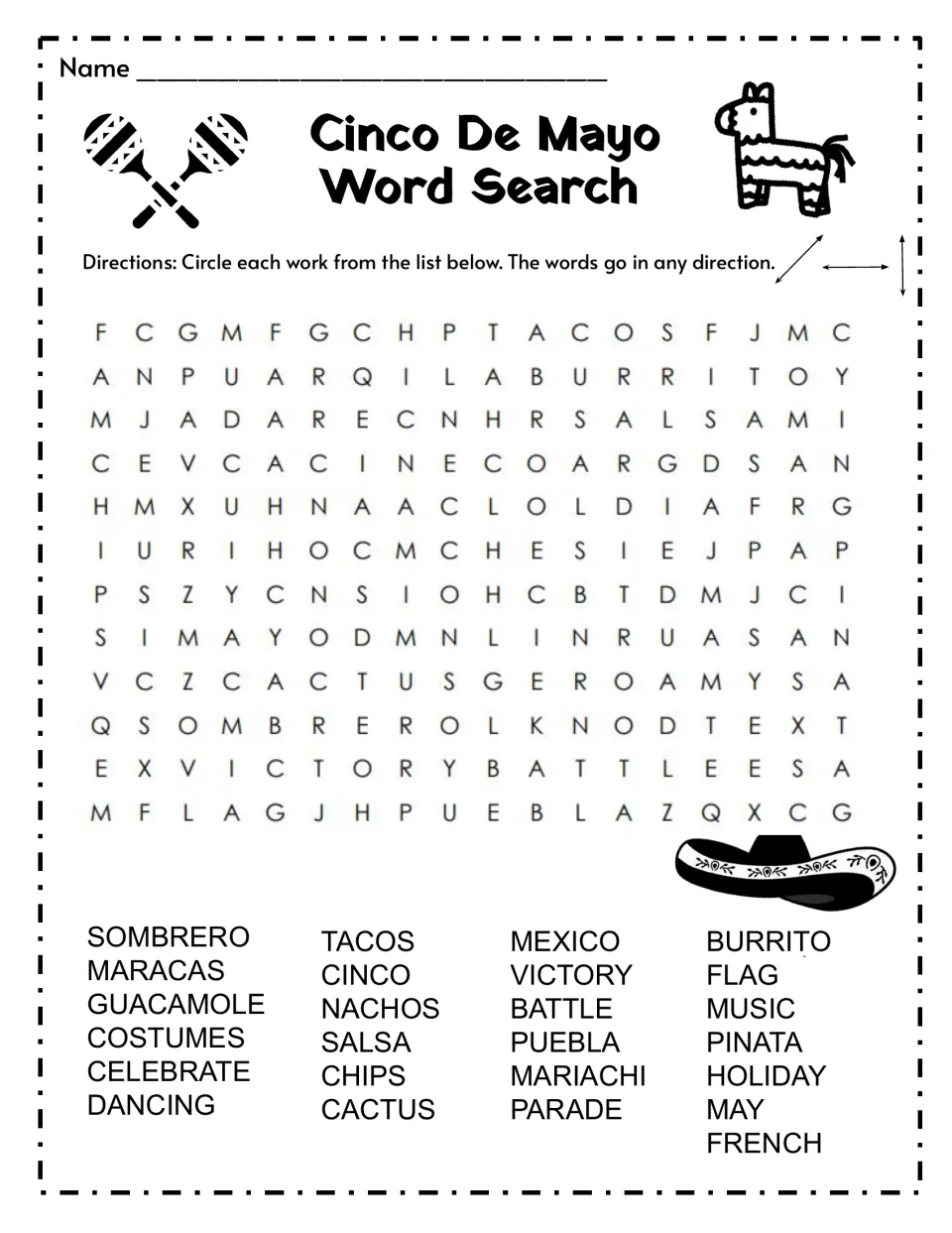 Cinco de Mayo puzzle: students circle 25 hidden words such as sombrero, mariachi, Puebla and pinata in any direction