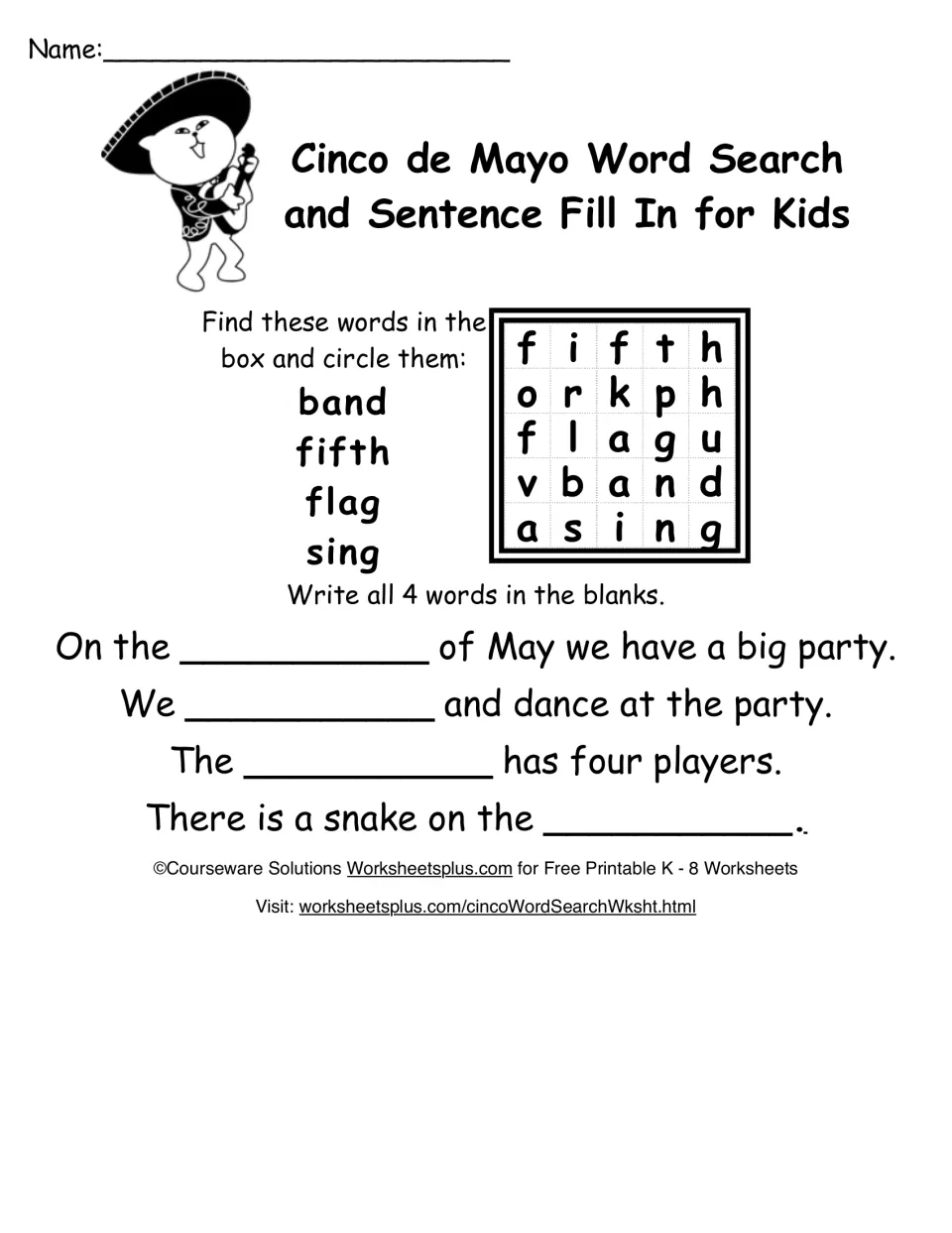 Cinco de Mayo word search: students circle band, fifth, flag and sing, then write each in a fill-in-the-blank sentence