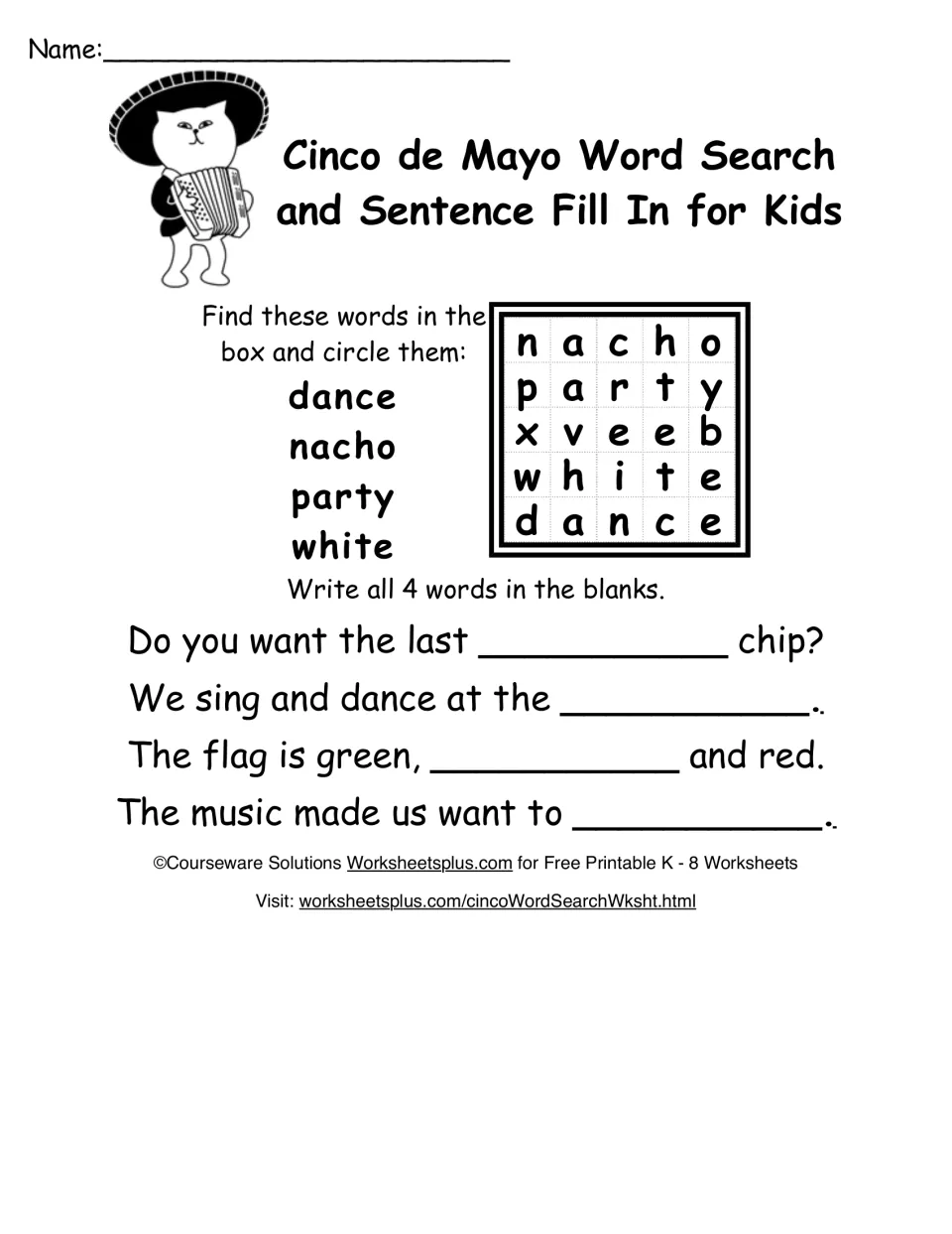 Fiesta word search: students find dance, nacho, party and white, then use each to finish sentences about the celebration