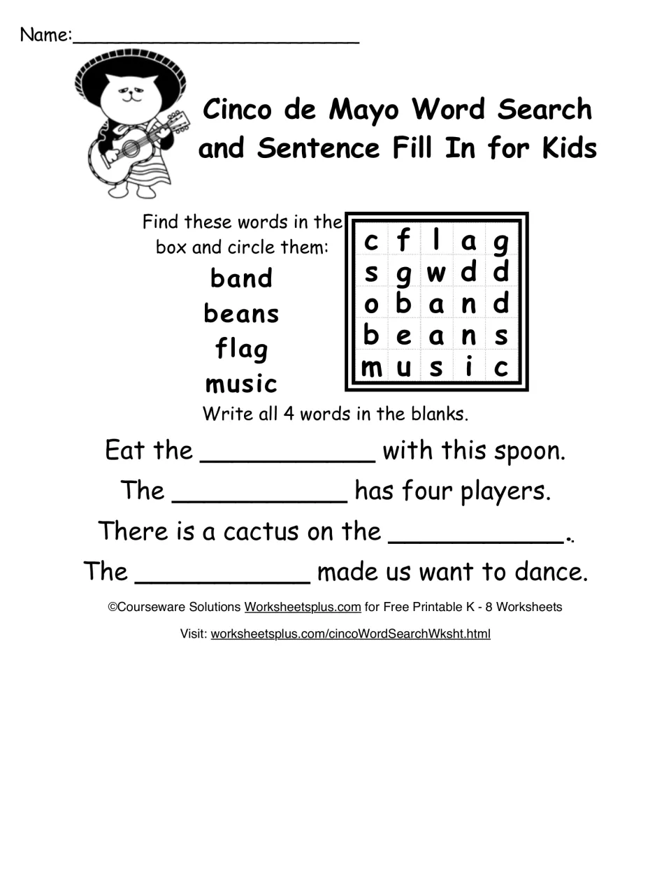 Holiday vocabulary search: students circle band, beans, flag and music, then write them into four short sentences