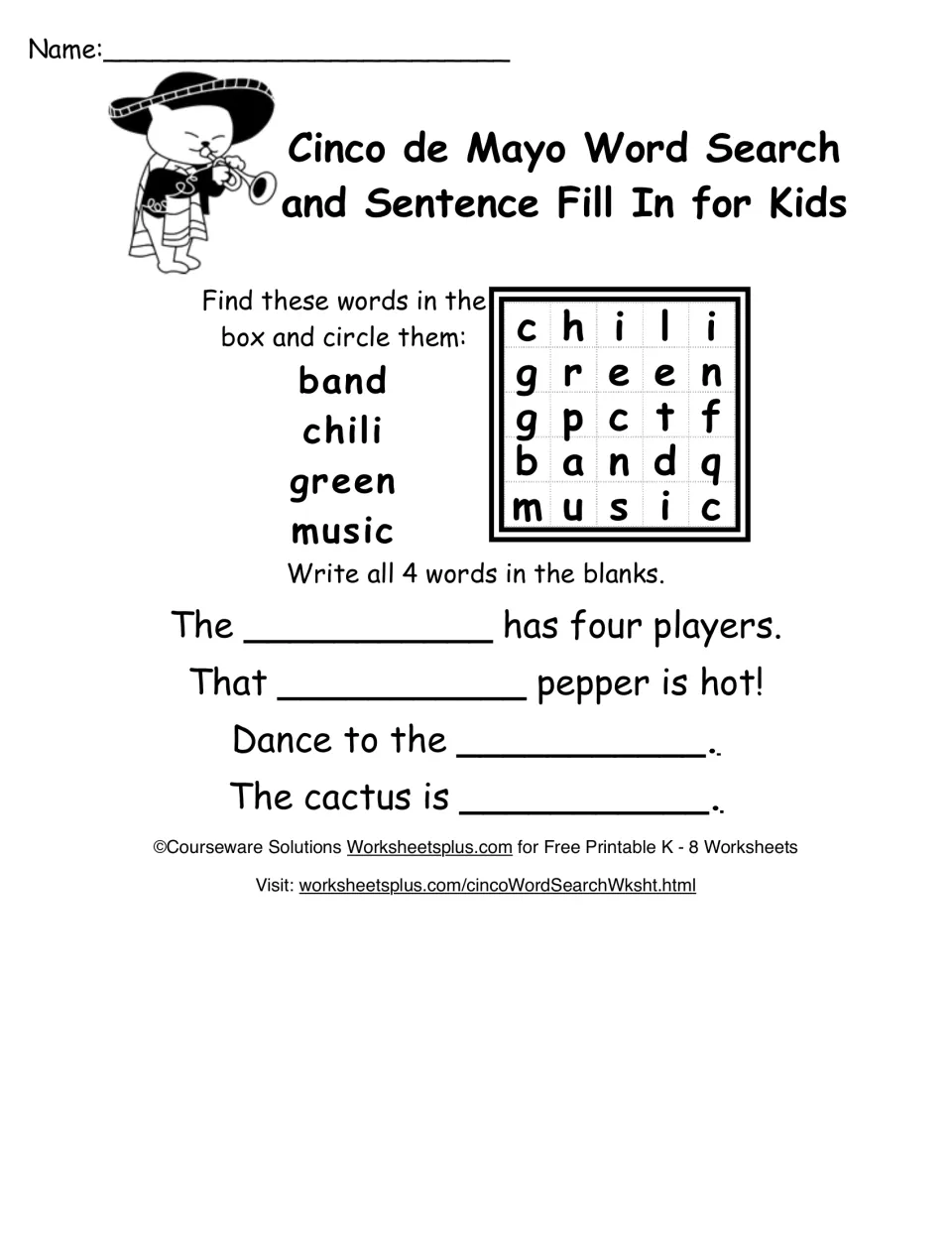 Word hunt on band, chili, green and music: students circle them, then complete sentences like 'That ___ pepper is hot!'
