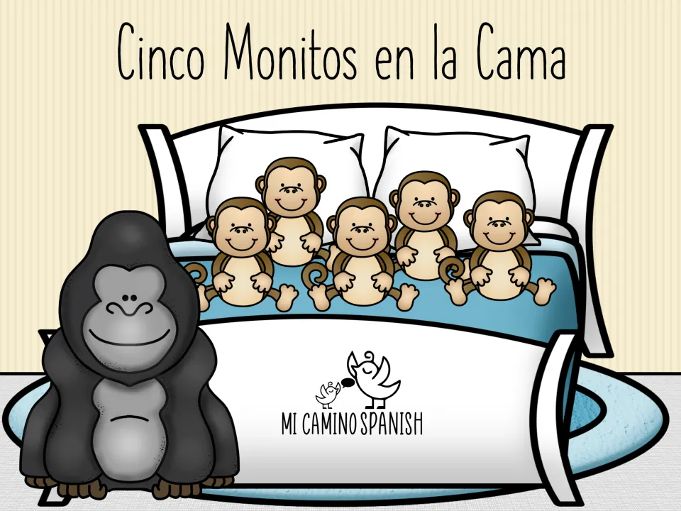 Spanish story cover titled 'Cinco Monitos en la Cama' (Five Little Monkeys in Bed), showing five monkeys