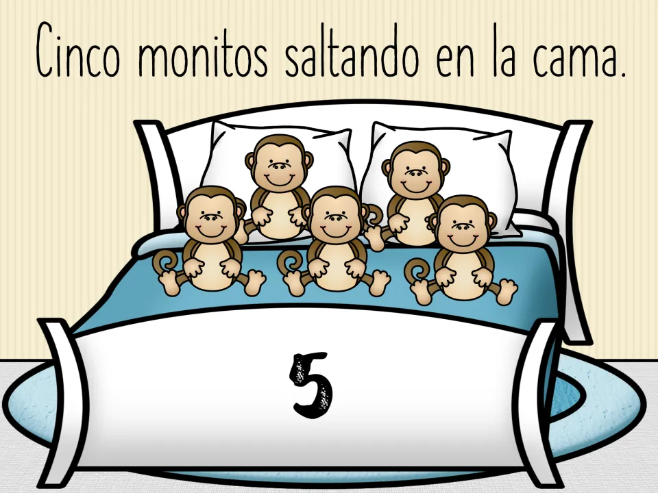 Spanish story opening: 'Cinco monitos saltando en la cama' (Five little monkeys jumping on the bed), numeral 5