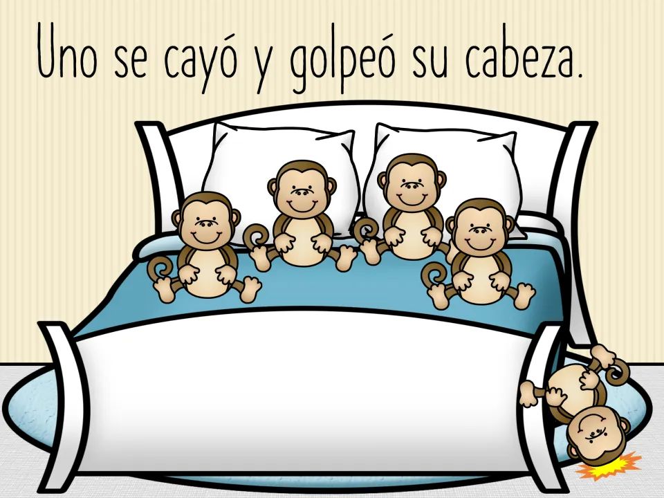 Spanish story scene: 'Uno se cayó y golpeó su cabeza' (One fell and hit his head), leaving four on the bed