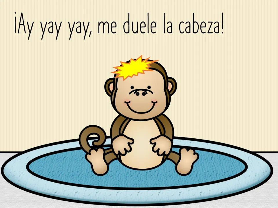 Spanish story refrain: '¡Ay yay yay, me duele la cabeza!' (Ow, ow, ow, my head hurts!), with the fallen monkey