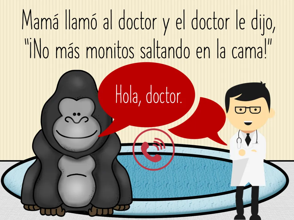Spanish story scene: Mom calls the doctor, who says '¡No más monitos saltando en la cama!' (No more jumping!)